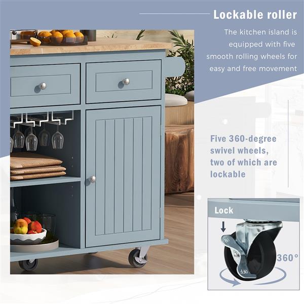 Kitchen Island with Power Outlet,Kitchen Storage Island with Drop Leaf and Rubber Wood,Open Storage and Wine Rack,5 Wheels,with Adjustable Storage for Home, Kitchen, and Dining Room, Grey Blue