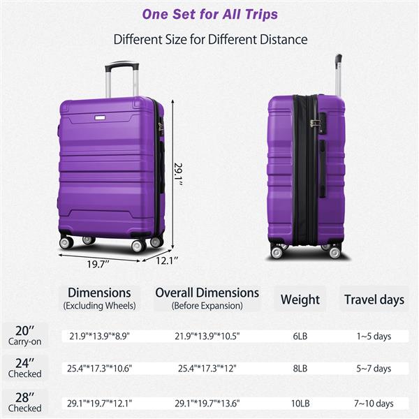 Luggage Sets New Model Expandable ABS Hardshell 3pcs Clearance Luggage Hardside Lightweight Durable Suitcase sets Spinner Wheels Suitcase with TSA Lock 20''24''28''(purple)