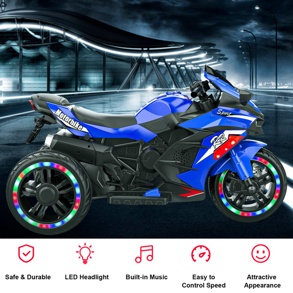 Electric Motorcycle for Kids, 12V Battery Powered Ride on Toys 3 Wheels Motorcycle with LED Lights, Bluetooth Music, Blue (No shipping on weekends) (Temu, Walmart Amazon prohibited)