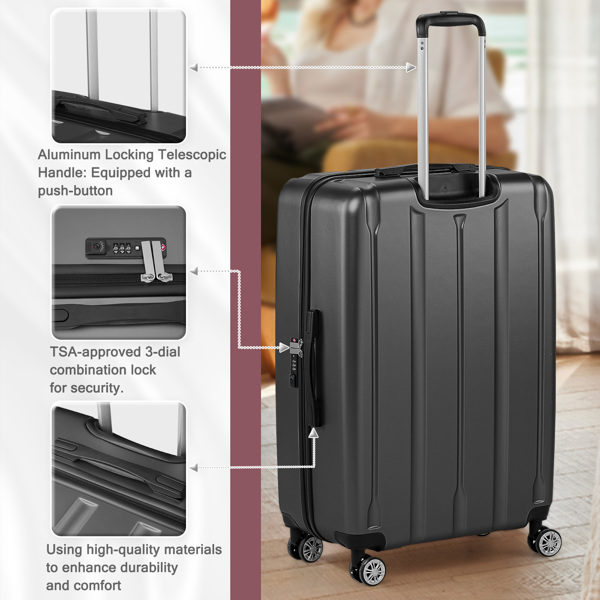 FCH 3-in-1 suitcase vertical stripes trolley case 20in 24in 28in ABS PC classic color 02-dark gray