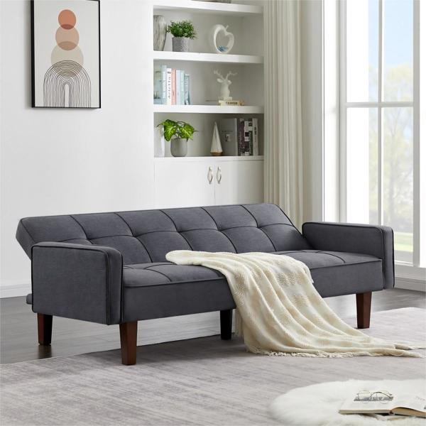 Grey Linen Sofa Bed, Convertible Sleeper Sofa with Arms, Solid Wood Feet and Plastic Centre Legs