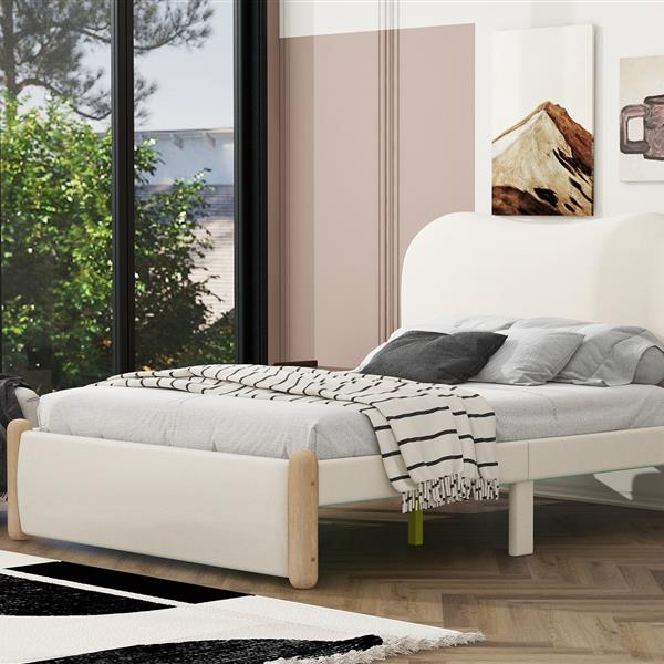 Full Size Upholstered Platform Bed with Wood Supporting Feet, Beige