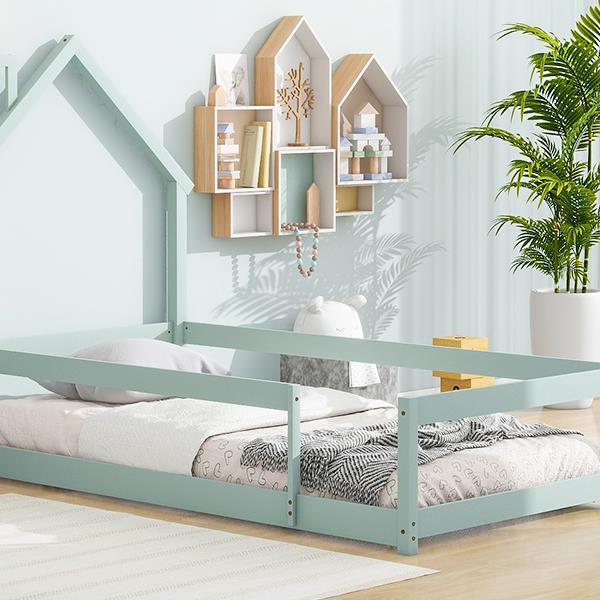 Twin Size Wood bed with House-shaped Headboard Floor bed with Fences,Light Green