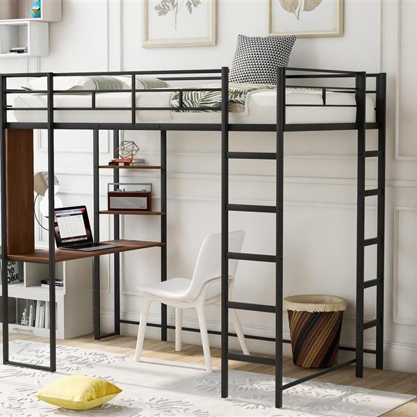 Twin Metal Loft Bed with 2 Shelves and one Desk ,BLACK