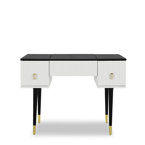 43.3" Modern Vanity Table Set with Flip-top Mirror and LED Light, Dressing Table with Customizable Storage, White and Black