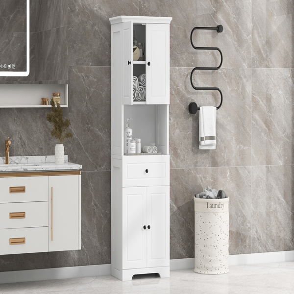 Tall Bathroom Cabinet with Four Doors, Large Storage Space Open Shelve, Upper Storage Cabinet, White 