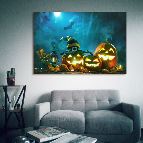 Framed Canvas Wall Art Decor Painting For Halloween, Jack-o-lanterns with Wizard Hat Painting For Halloween Gift, Decoration For Halloween Living Room, Bedroom Decor-Ready To Hang