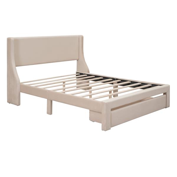 Queen Size Storage Bed Velvet Upholstered Platform Bed with a Big Drawer - Beige