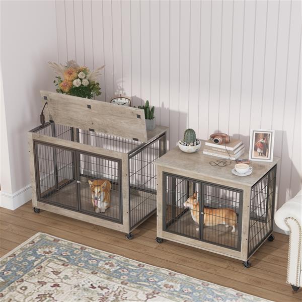 Furniture Style Dog Crate Side Table on Wheels with Double Doors and Lift Top.Grey,38.58''w x 25.5''d x 27.36''h.