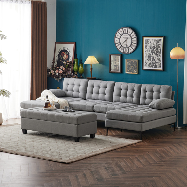 110 inch Sleeper Sectional Sofa Set with Storage Ottoman, U-Shaped 4-Seat Sofa Couch for Living Room, Light Grey ﻿