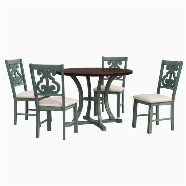 5-Piece Round Dining Table and 4 Fabric Chairs with Special-shaped Table Legs and Storage Shelf (Antique Blue/ Dark Brown)