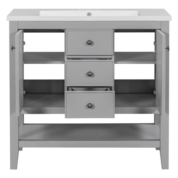 36" Bathroom Vanity with Ceramic Basin, Two Cabinets and Drawers, Open Shelf, Solid Wood Frame, Grey