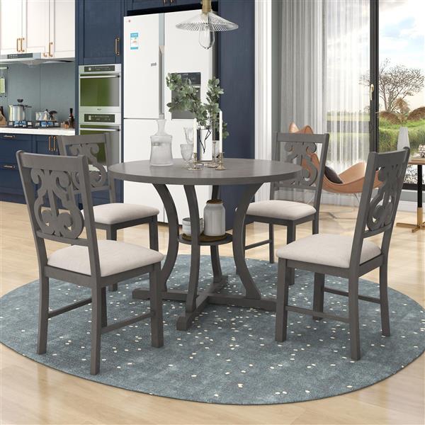 5-Piece Round Dining Table and Chair Set with Special-shaped Legs and an Exquisitely Designed Hollow Chair Back for Dining Room (Gray)