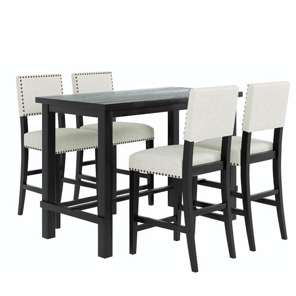 5-Piece Counter Height Dining Set, Classic Elegant Table and 4 Chairs in Espresso and Beige