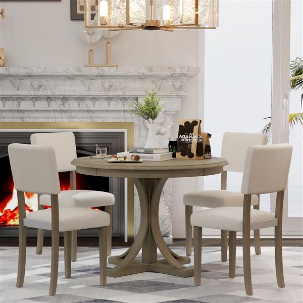 5-Piece Retro Round Dining Table Set with Curved Trestle Style Table Legs and 4 Upholstered Chairs for Dining Room (Taupe)