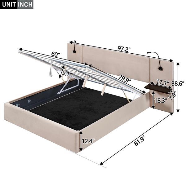 Queen Size Storage Upholstered Hydraulic Platform Bed with 2 Shelves, 2 Lights and USB, Beige