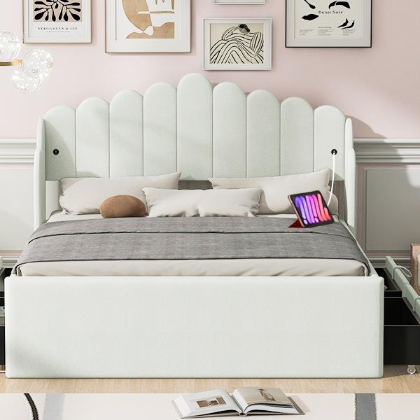 Full Size Upholstered Platform Bed with 4 Drawers and 2 USB, Beige