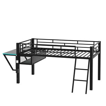 Gaming mid loft bed with desk, LED, Twin, Black