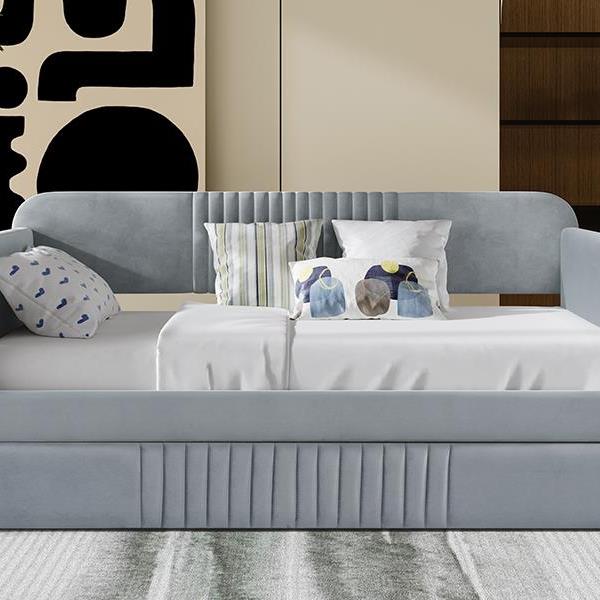 Upholstered Daybed Sofa Bed Twin Size With Trundle Bed and Wood Slat, Gray