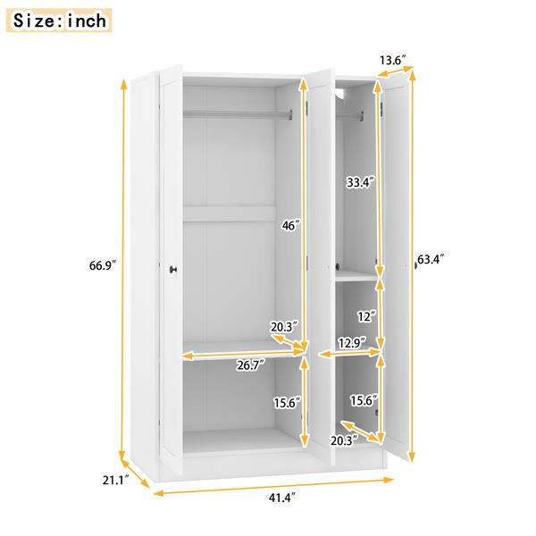 3-Door Shutter Wardrobe with shelves, White