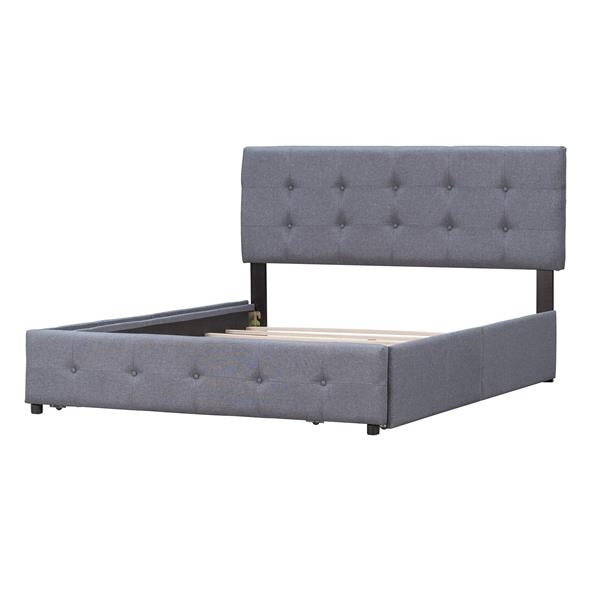 Upholstered Platform Bed with Classic Headboard and 4 Drawers, No Box Spring Needed, Linen Fabric, Queen Size Dark gray