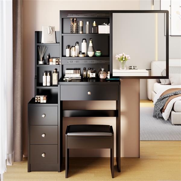 Small Space Left Bedside Cabinet Vanity Table + Cushioned Stool, Extra Large Right sliding mirror, Multi Layer High Capacity Storage, Practical Fashionable Dresser, Suitable for Girls Up to 5.6ft Tall