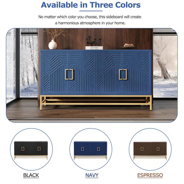 Retro-Style Sideboard with Adjustable Shelves, Rectangular Metal Handles and Legs for  Kitchen, Living room, and Dining Room  (Navy)