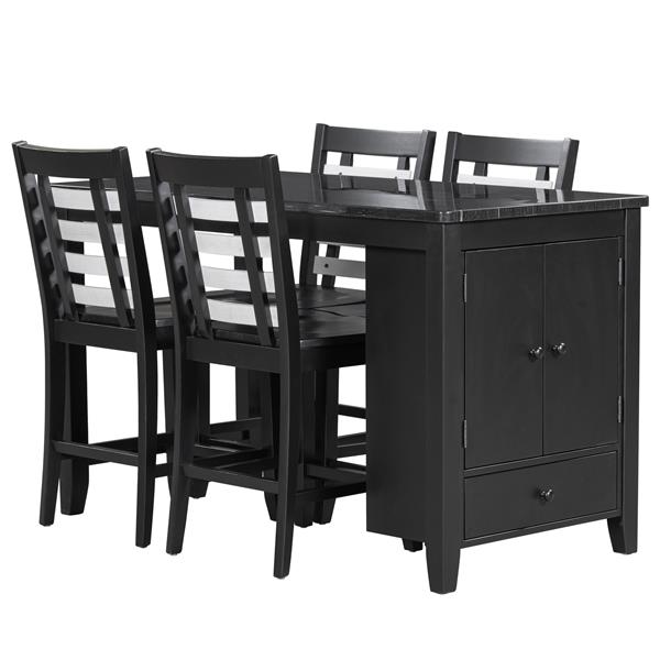 Counter Height 5-piece Dining Table Set with Faux Marble Tabletop, Solid Wood Table Set with Storage Cabinet and Drawer, Black