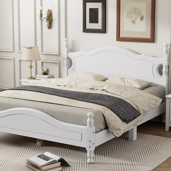 Queen Size Wood Platform Bed Frame,Retro Style Platform Bed with Wooden Slat Support,White