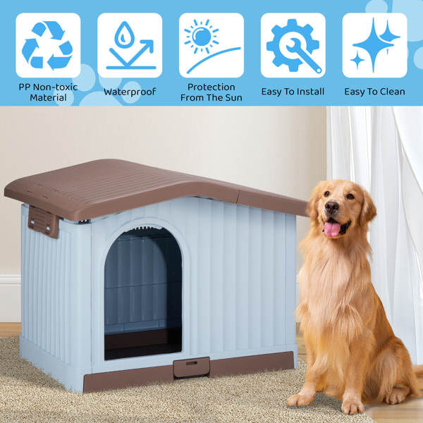 34 inch Large Plastic Dog House with Liftable Roof, Indoor Outdoor Doghouse Puppy Shelter with Detachable Base and Adjustable Bar Window, Brown & White