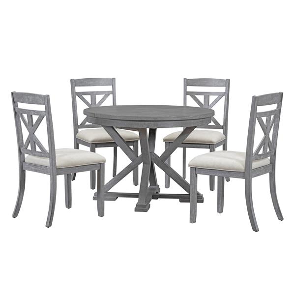 5-Piece Retro Functional Dining Table Set Extendable Round Table and 4 Upholstered Chairs for Dining Room and Living Room (Grey)