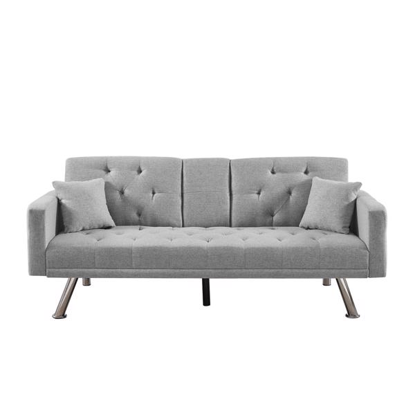 Grey Linen Convertible Sofa and Bed, Square Arm Armrests, Can Hold Water Cup, Two Pillow