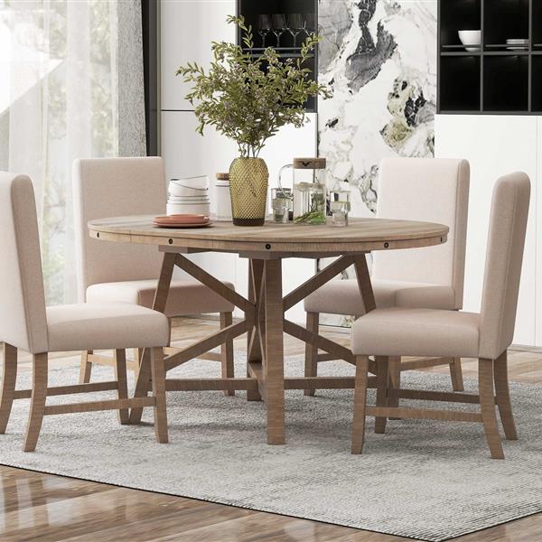 5-Piece Retro Functional Dining Set with Extendable Round Table with Removable Middle Leaf and 4 Upholstered Chairs for Dining Room and Living Room (Natural Wood Wash)