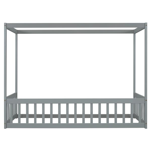 Twin Size Canopy Frame Floor Bed with Fence, Guardrails,Grey