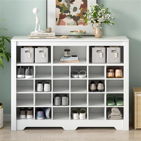 Sleek Design 24 Shoe Cubby Console, Modern Shoe Cabinet with Curved Base, Versatile Sideboard with High-quality for Hallway, Bedroom, Living Room, White