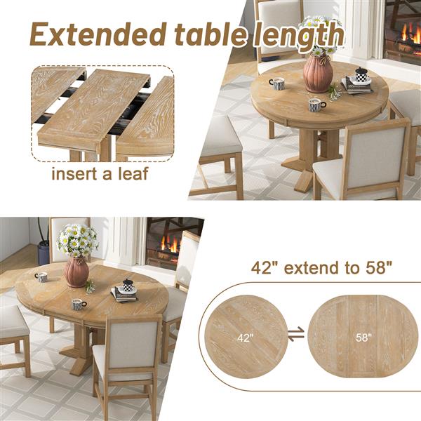 5-Piece Dining Set Extendable Round Table and 4 Upholstered Chairs Farmhouse Dining Set for Kitchen, Dining Room(Natural Wood Wash)