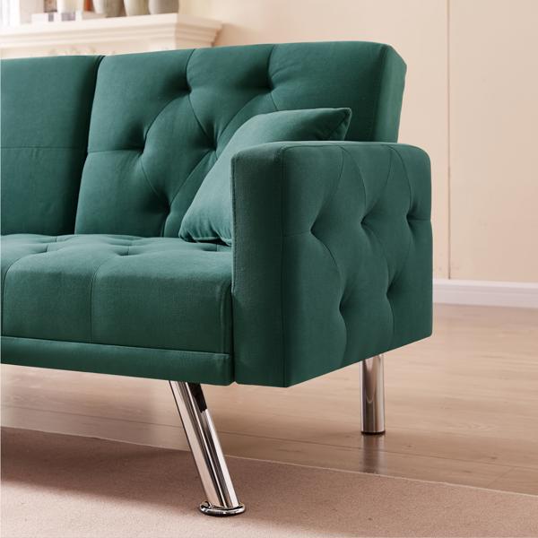 Dark Green Linen Convertible Sofa and Bed, Square Arm Armrests, Can Hold Water Cup, Two Pillow