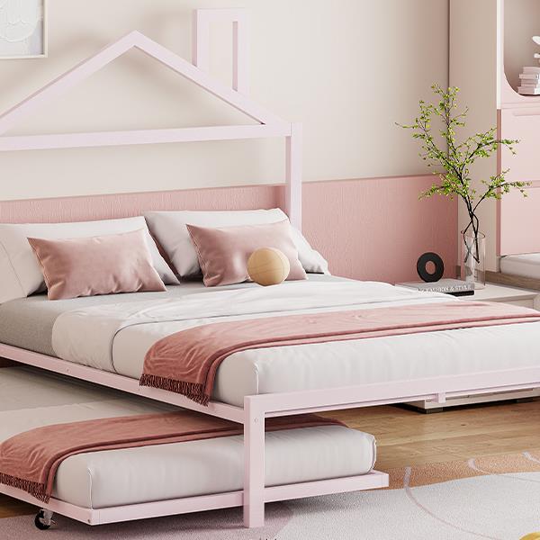 Full Size Metal Platform Bed with twin size trundle,House-Shaped Headboard Design, Pink