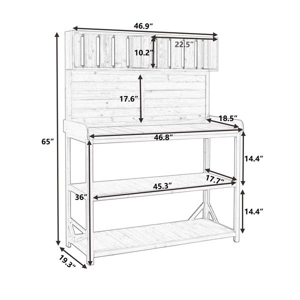 65" Large Wooden Farmhouse Rustic Outdoor Potting Bench Table, Patio Workstation, Garden Potting Bench with 4 Storage Shelves and Side Hook,Natural