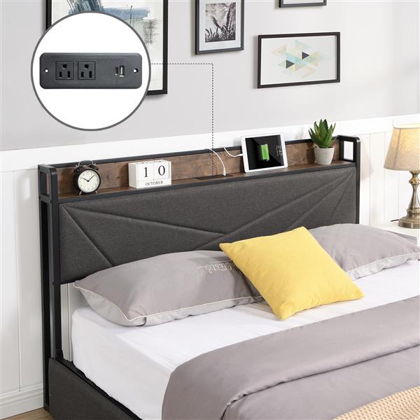 Queen Bed Frame, Storage Headboard with Charging Station, Solid and Stable, Noise Free, No Box Spring Needed, Easy Assembly