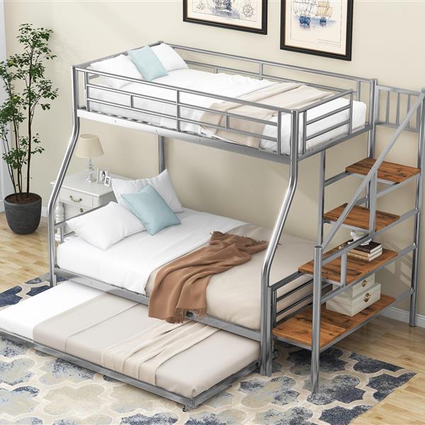 Twin over Full Size Metal Bunk Bed with Trundle and Storage Staircase, Silver