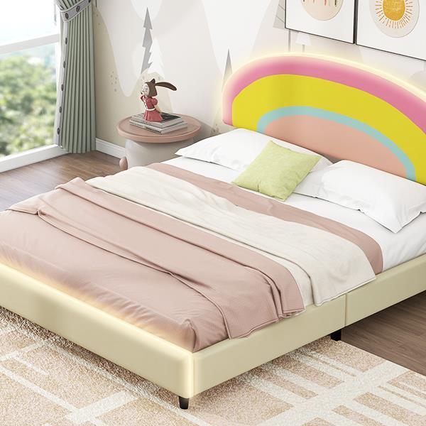 Full Size Upholstered Platform Bed with Rainbow Shaped and Height-adjustbale Headboard,LED Light Strips,Beige