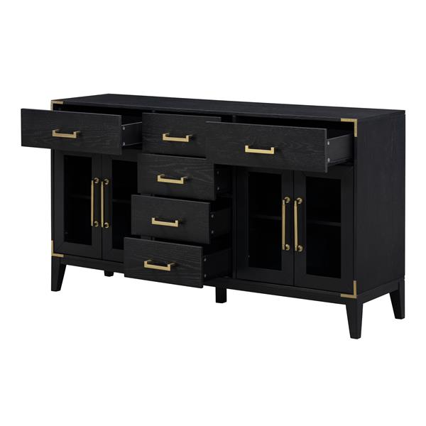 6-drawer and 2-Cabinet Retro Sideboard with Extra Large Storage Space, with ld Handles and Solid Wood Legs, for Kitchen and Living Room (Black)