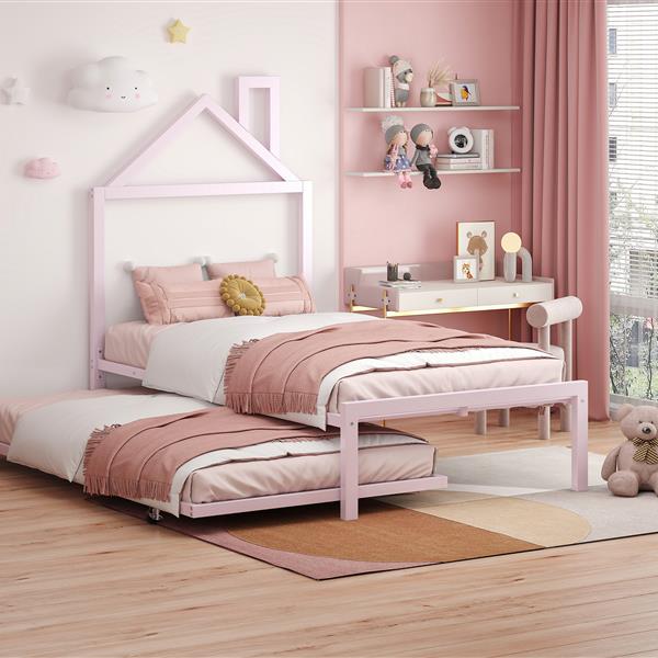 Twin Size Metal Platform Bed with twin size trundle,House-Shaped Headboard Design, Pink