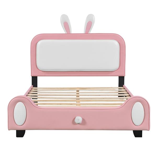 Full size Upholstered Rabbit-Shape Princess Bed ,Full Size Platform Bed with Headboard and Footboard,White+Pink