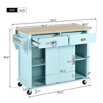 Kitchen Cart with Rubber wood Drop-Leaf Countertop, Concealed sliding barn door adjustable height,Kitchen Island on 4 Wheels with Storage Cabinet and 2 Drawers,L52.2xW30.5xH36.6 inch, Mint Green