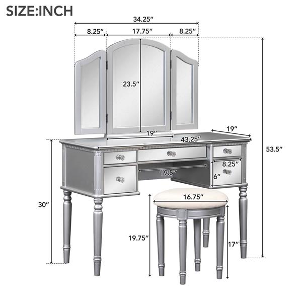 43" Dressing Table Set with Mirrored Drawers and Stool, Tri-fold Mirror, Makeup Vanity Set for Bedroom, Silver