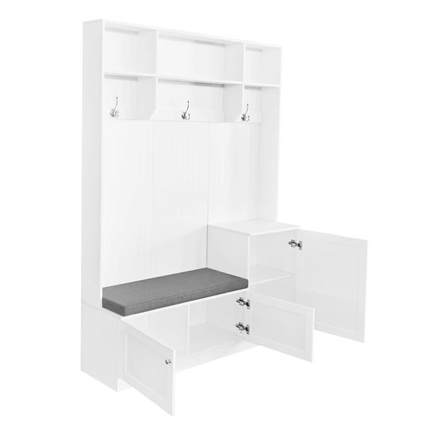 Elegant Design Hall Tree with Comfort and Storage Solutions, Functional Hallway Shoe Cabinet with Bench&Cushion, Modern Coat Rack with Hooks for Entryways, White