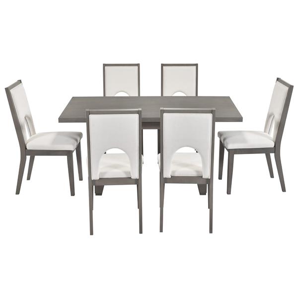 Wood Dining Table Set for 6, Farmhouse Rectangular Dining Table and 6 Upholstered Chairs Ideal for Dining Room, Kitchen (Grey+Beige)