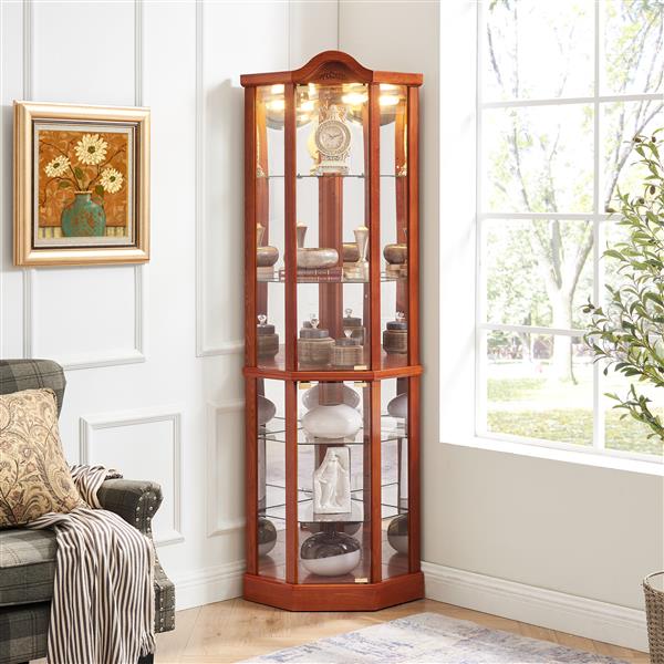 Glass Cabinet Lighted Corner Cabinet Corner Display Curio Cabinet, Glass Display With Light(Included)Bar Cabinet,Wine Cabinet with Adjustable Glass Shelves Carved Decoration OAK Light(Included)